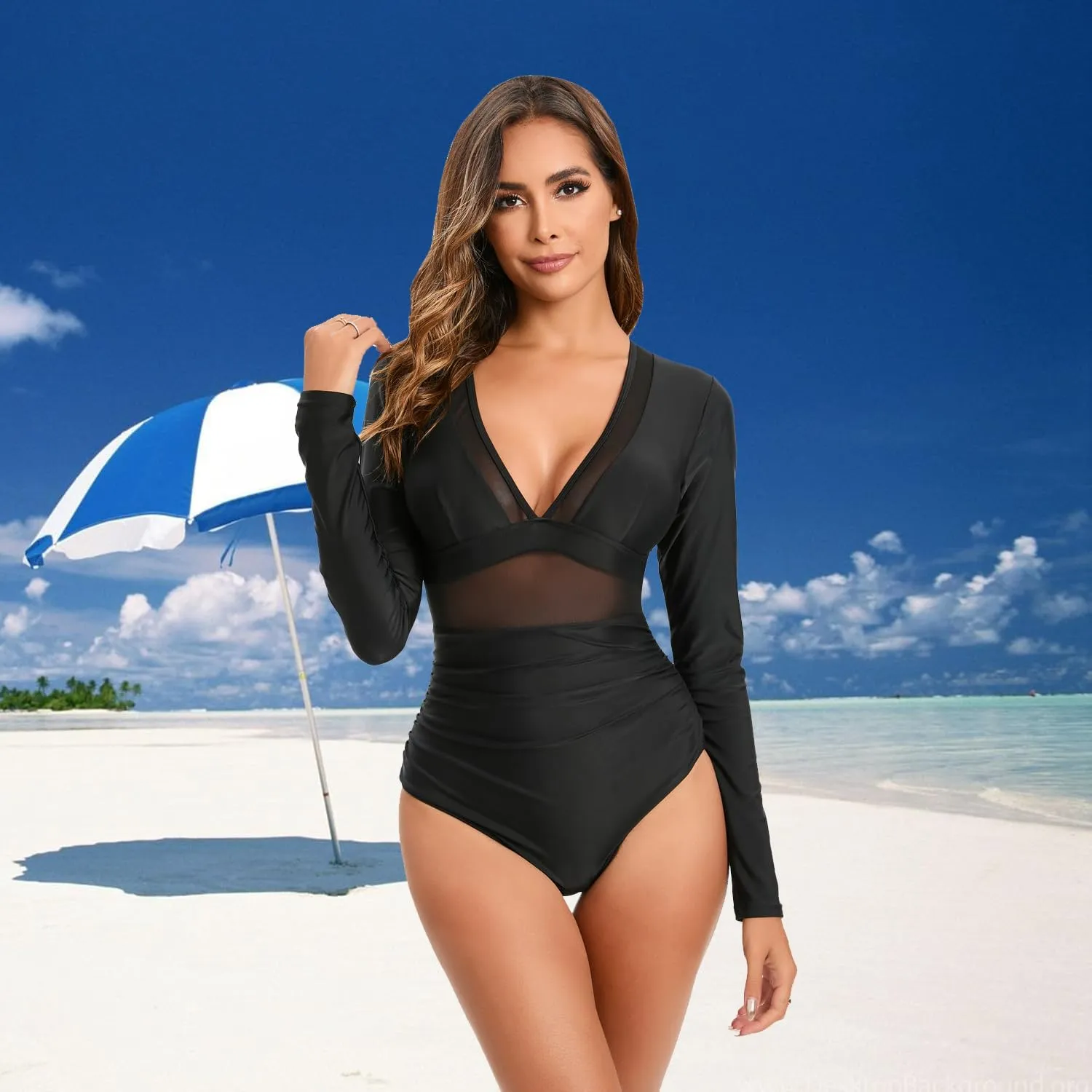 NESY Women's Long Sleeve Rash Guard Swimsuits One Piece Bathing Suit UV Protection Surfing Suit Zipper Printed Swimwear