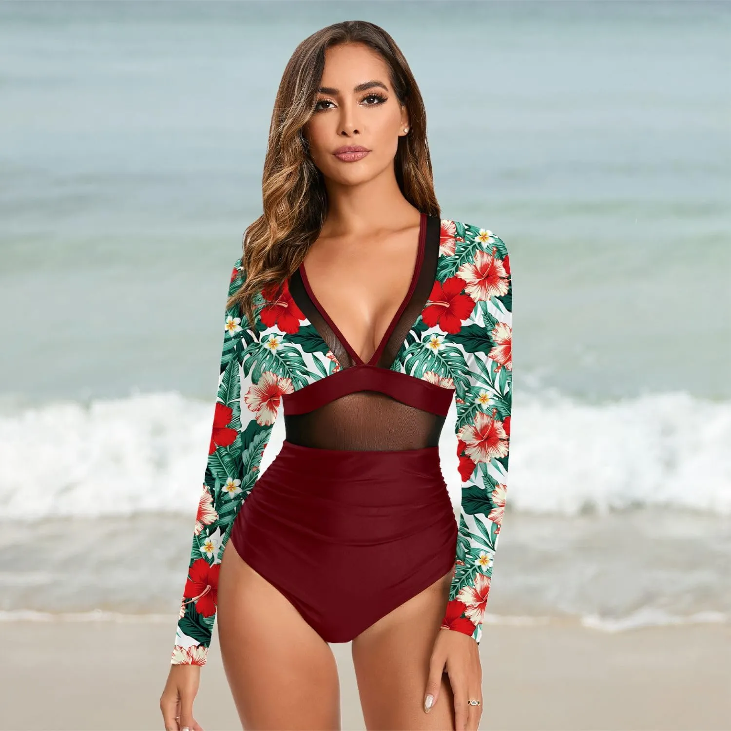 NESY Women's Long Sleeve Rash Guard Swimsuits One Piece Bathing Suit UV Protection Surfing Suit Zipper Printed Swimwear