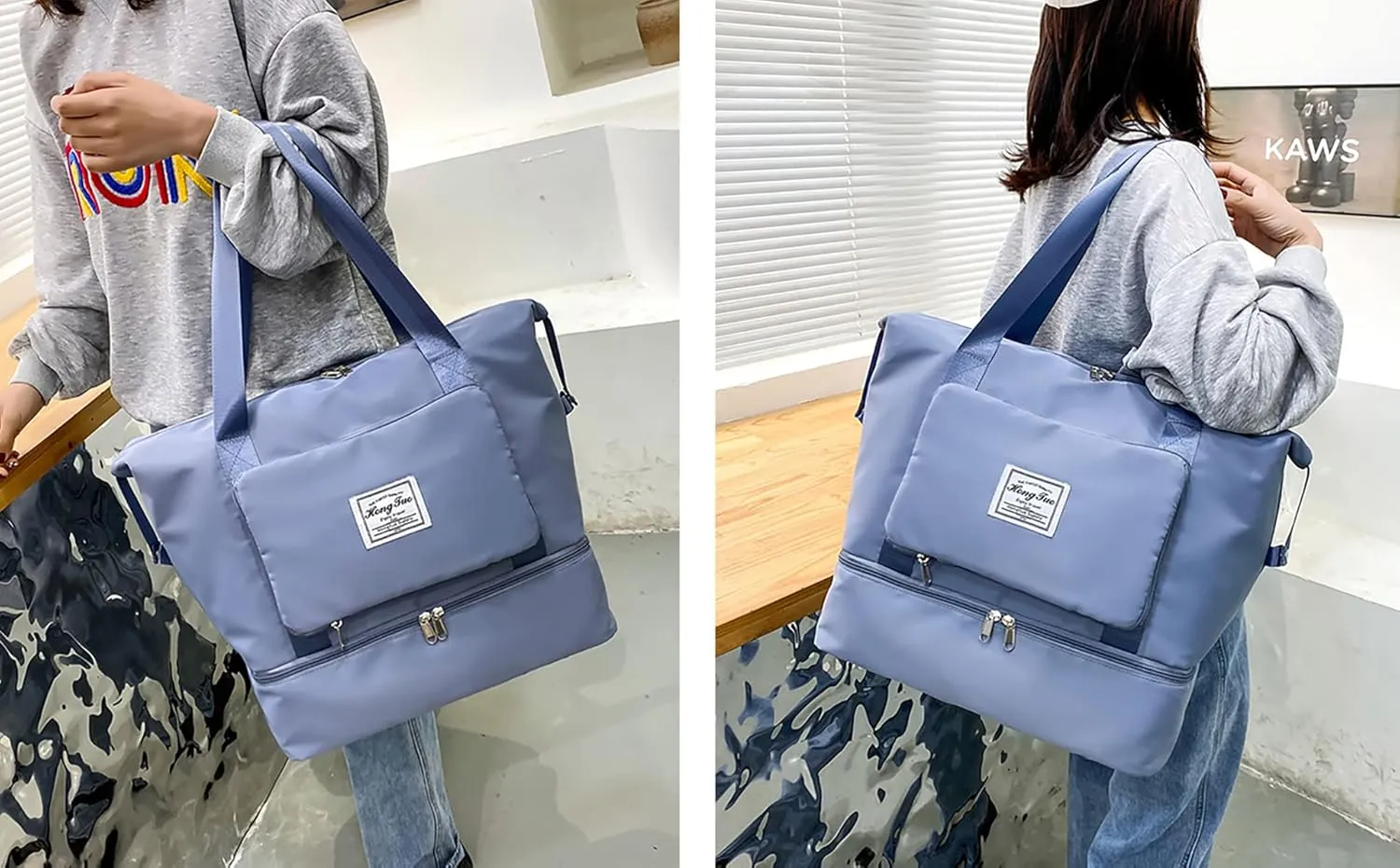 New Foldable Dry/Wet Separation Travel Duffel Bag with Shoe Compartment Large Capacity Folding Weekender Overnight Bag Lightweight Waterproof Gym Tote Bag (F-Blue)