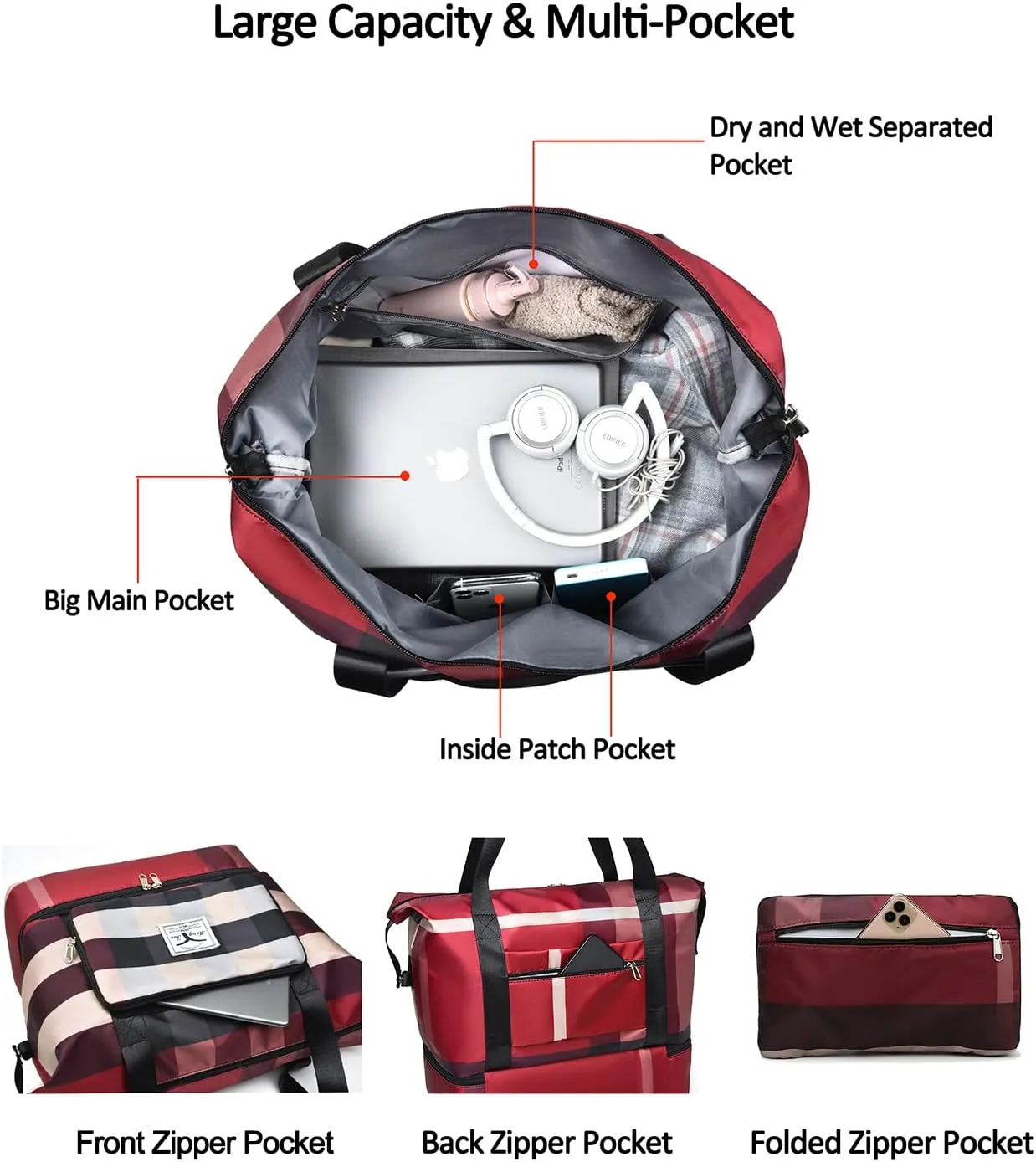 New Foldable Dry/Wet Separation Travel Duffel Bag with Shoe Compartment Large Capacity Folding Weekender Overnight Bag Lightweight Waterproof Gym Tote Bag (F-Blue)