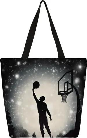 Night Basketball Large Capacity Canvas Tote Bag Stylish Handheld Shoulder Bag Reusable Shopping Bag for Work Travel Beach Trips Shopping