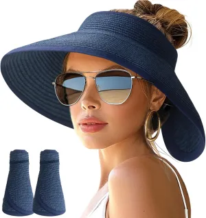 NPJY Sun Hats for Women Wide Brim Roll-Up Beach Ponytail Hat Packable Foldable Travel Straw Visor