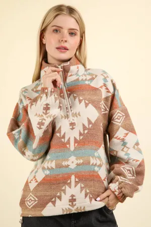 NT11854-Aztec Printed Henley Woven Pullover Top: CREAM MIX