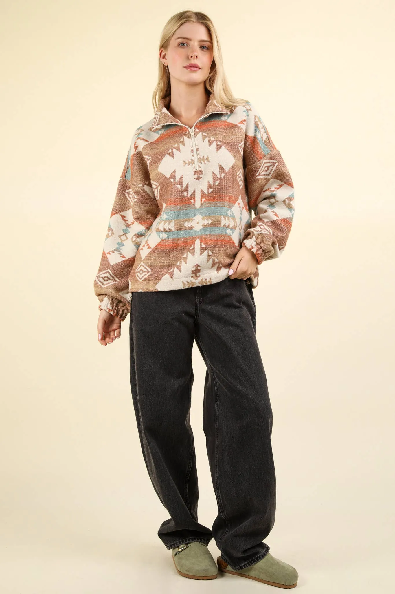 NT11854-Aztec Printed Henley Woven Pullover Top: CREAM MIX