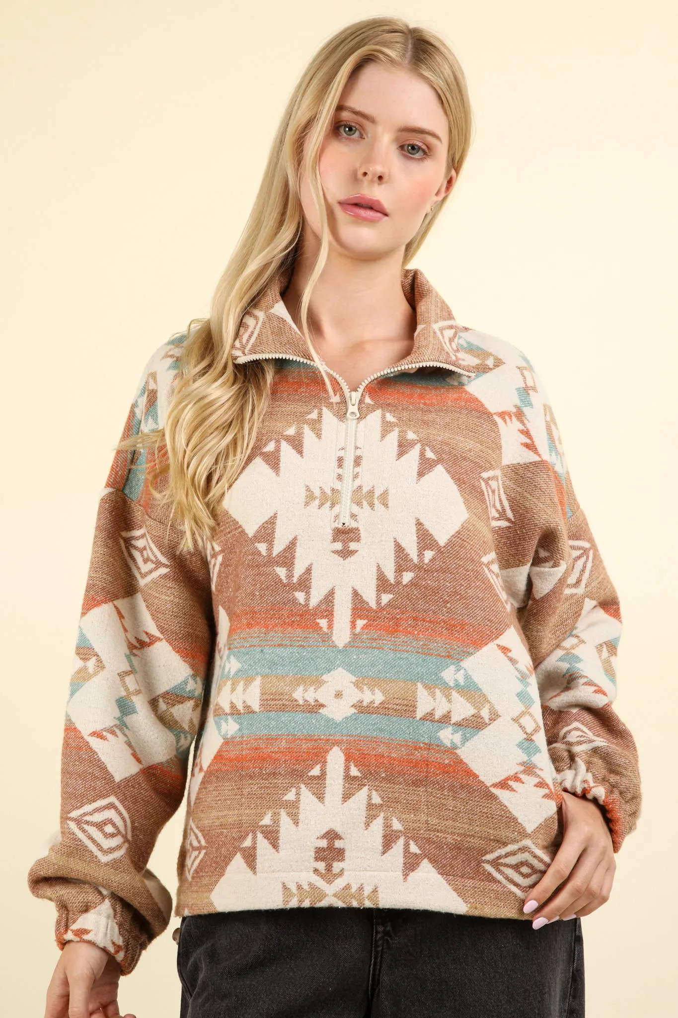 NT11854-Aztec Printed Henley Woven Pullover Top: CREAM MIX