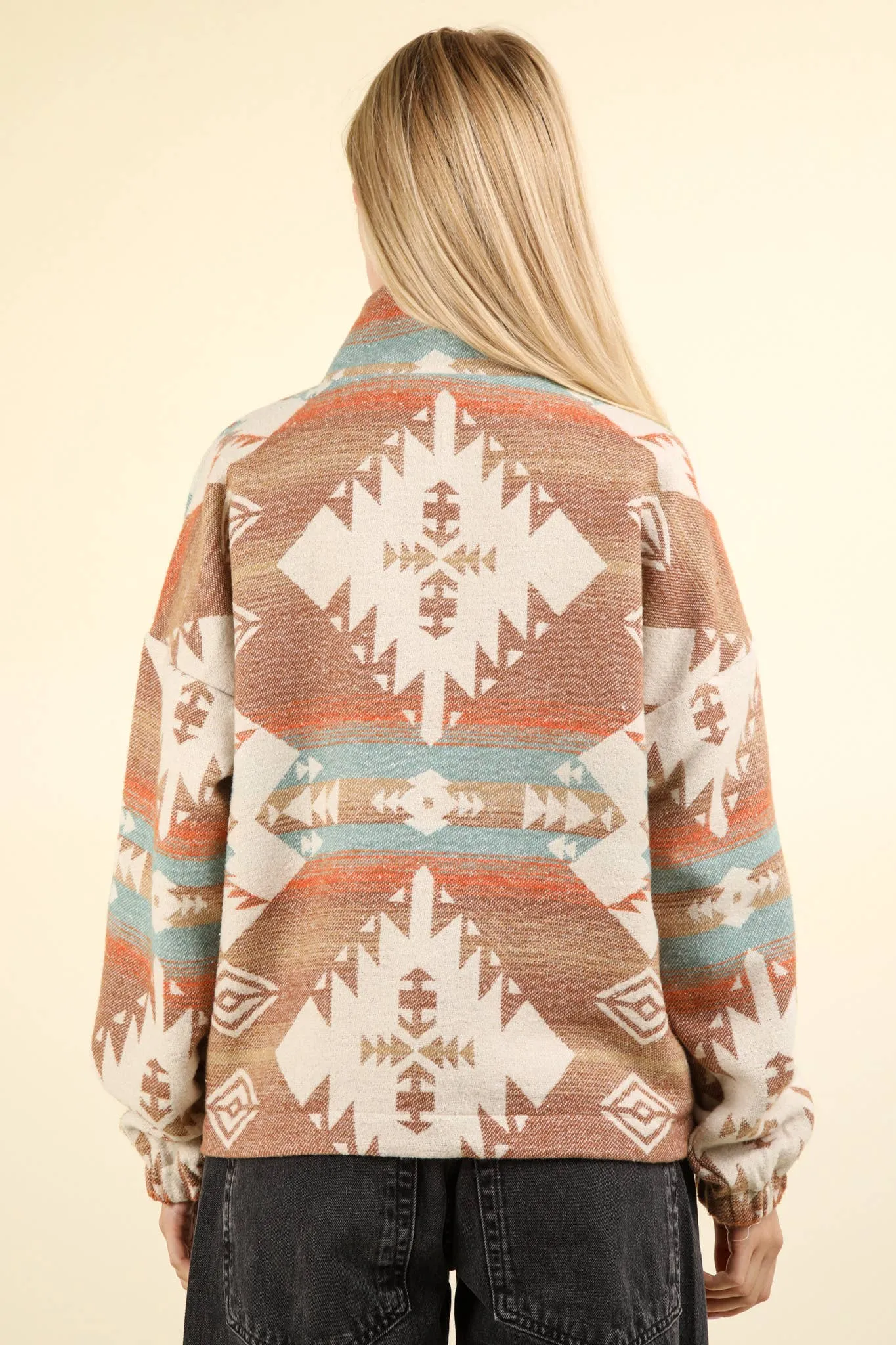 NT11854-Aztec Printed Henley Woven Pullover Top: CREAM MIX