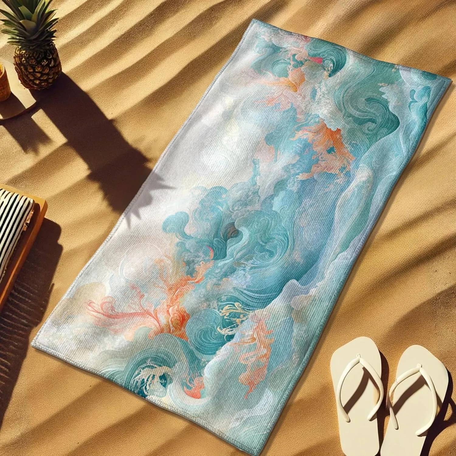 Ocean Wave Microfiber Beach Towel Light Blue Abstract Design Quick Dry Absorbent Sand Free Oversized Lightweight Beach Blanket Vacation Picnic Essentials 62x31 Inch