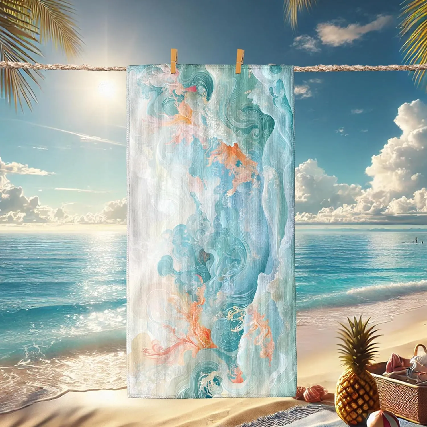 Ocean Wave Microfiber Beach Towel Light Blue Abstract Design Quick Dry Absorbent Sand Free Oversized Lightweight Beach Blanket Vacation Picnic Essentials 62x31 Inch