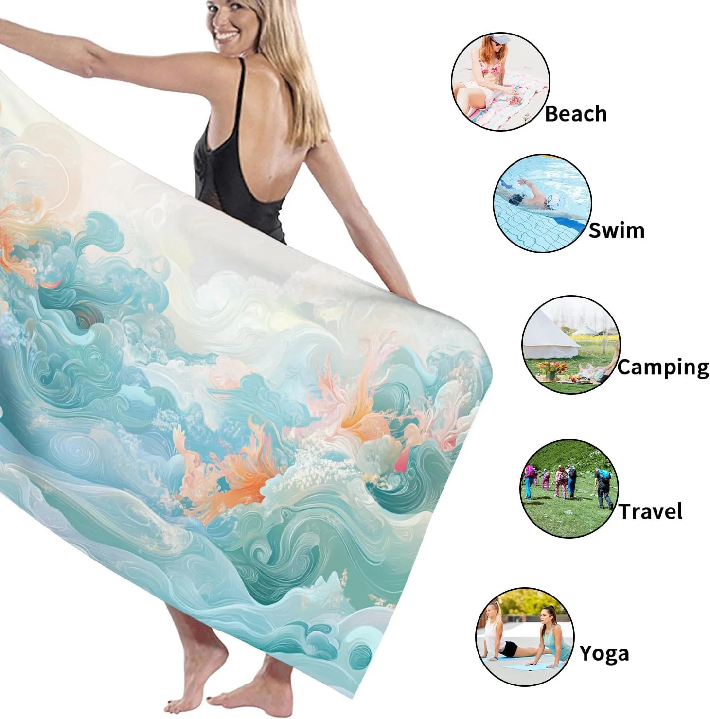 Ocean Wave Microfiber Beach Towel Light Blue Abstract Design Quick Dry Absorbent Sand Free Oversized Lightweight Beach Blanket Vacation Picnic Essentials 62x31 Inch