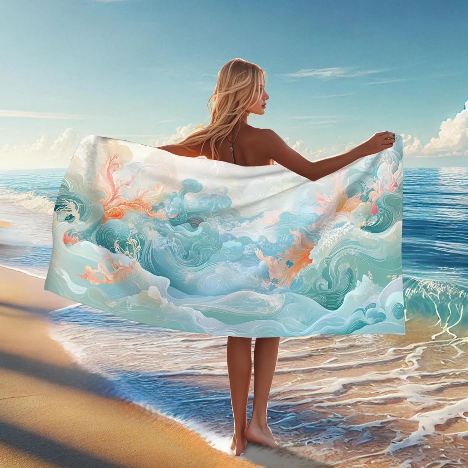Ocean Wave Microfiber Beach Towel Light Blue Abstract Design Quick Dry Absorbent Sand Free Oversized Lightweight Beach Blanket Vacation Picnic Essentials 62x31 Inch