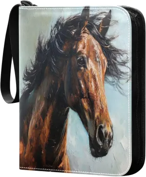 Oil Painting Horse Card Binder 4-Pocket, 400 Pockets Trading Cards Holder Games Card Albums Storage Organizer Case for Football, Baseball Cards