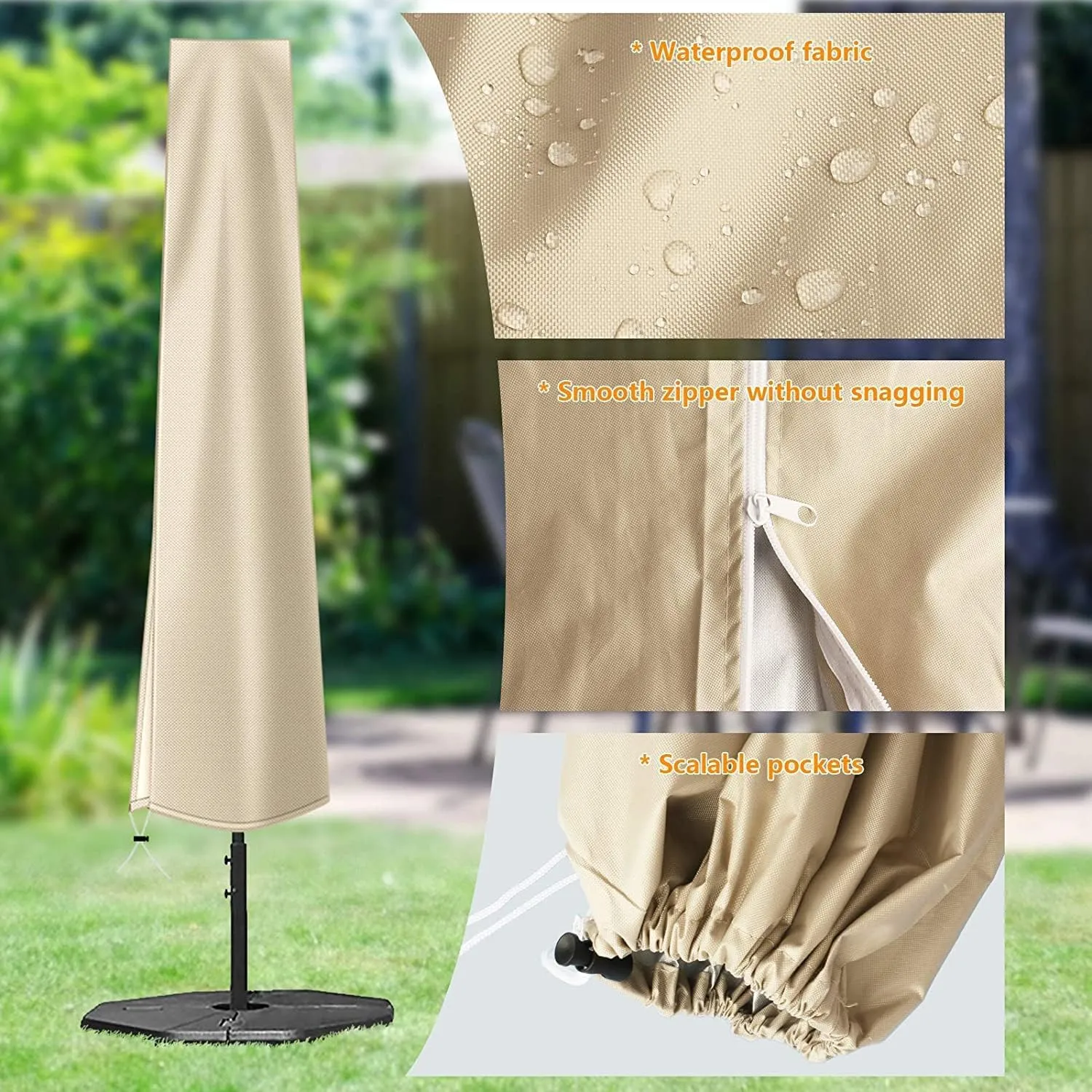OKPOW Umbrella Cover 420D Oxford Fabric Patio Umbrella Covers Waterproof with Zip, for 9ft to 12ft Garden Outdoor Umbrella (Beige, 3 Pack)