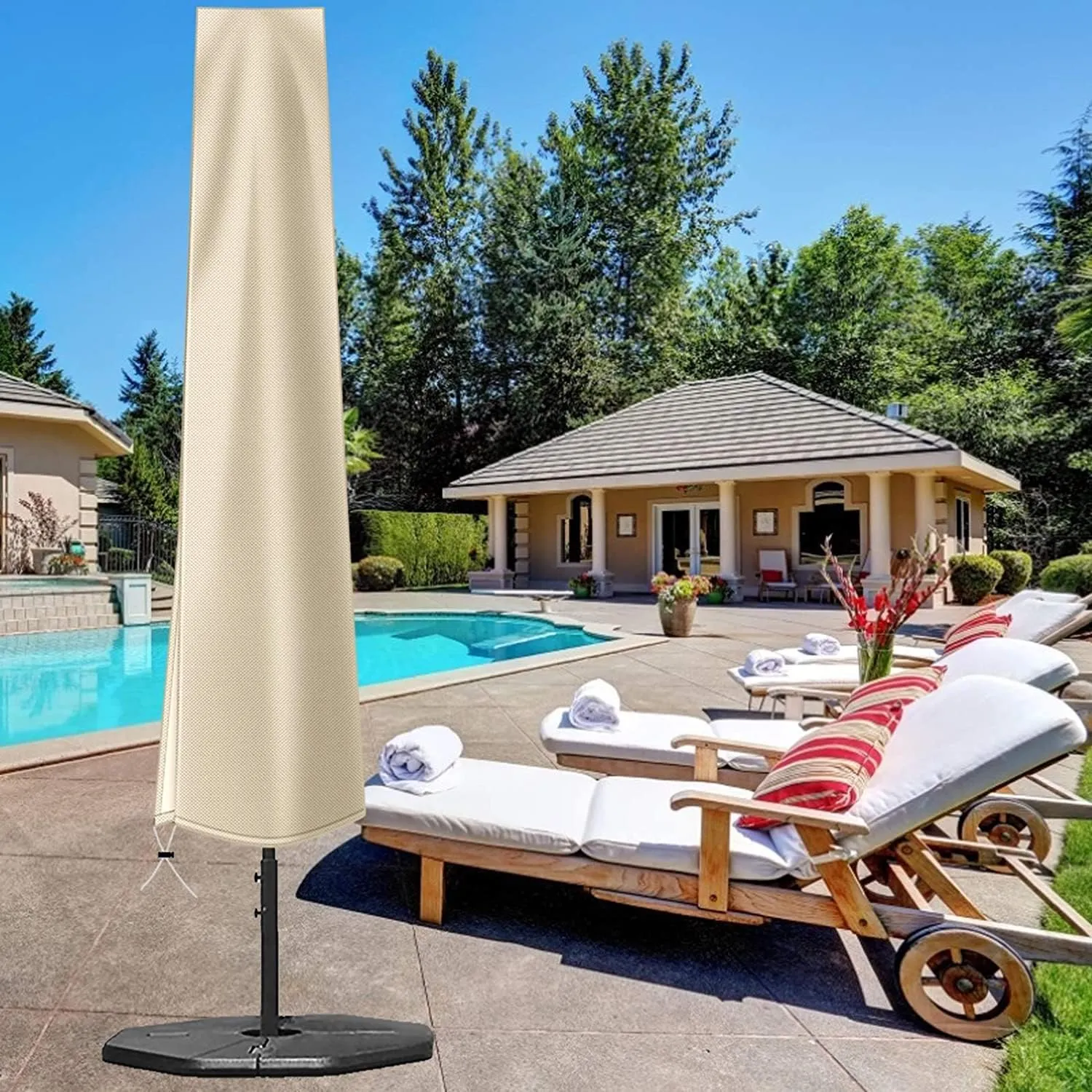 OKPOW Umbrella Cover 420D Oxford Fabric Patio Umbrella Covers Waterproof with Zip, for 9ft to 12ft Garden Outdoor Umbrella (Beige, 3 Pack)