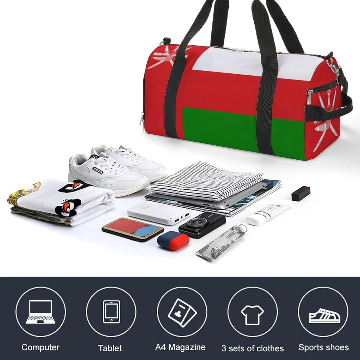 Oman Flag Gym Duffel for Boys Girls with Waterproof Shoe Compartment Tote