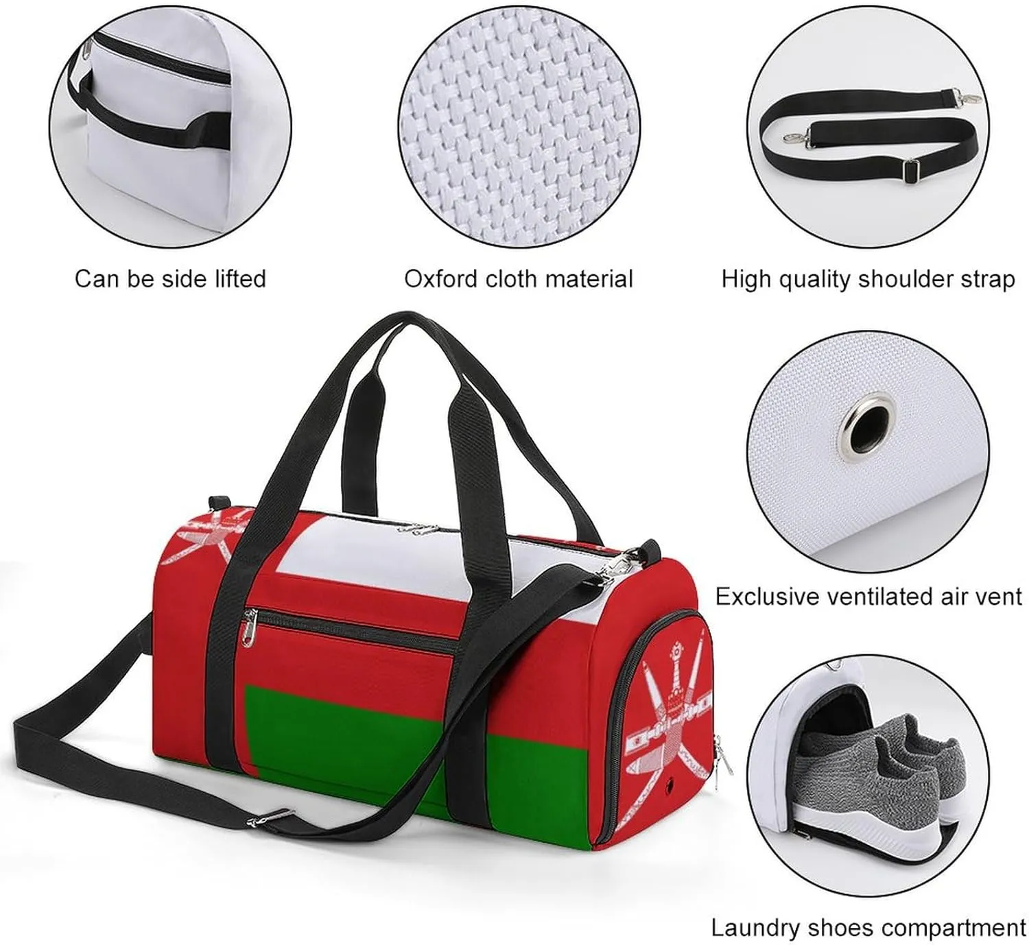 Oman Flag Gym Duffel for Boys Girls with Waterproof Shoe Compartment Tote