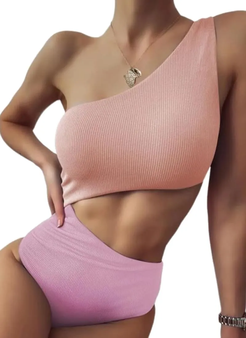 One Shoulder Bikini Sets for Women Color Block High Waisted Swimsuit Ribbed Push Up Two Pieces Bathing Suits