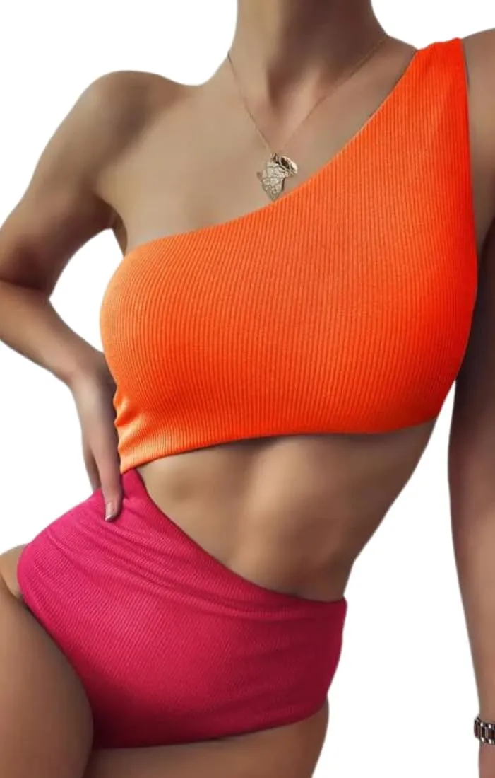 One Shoulder Bikini Sets for Women Color Block High Waisted Swimsuit Ribbed Push Up Two Pieces Bathing Suits