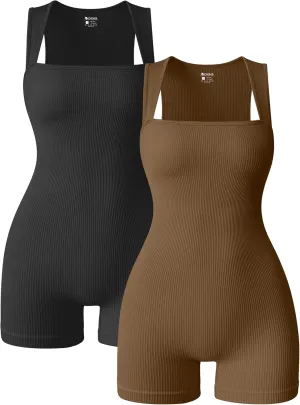 OQQ Women 2 Piece Rompers Yoga Stretch Strappy Square Neck Sleeveless Exercise Rompers