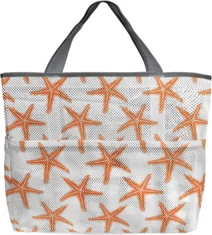 Orange Beach Starfish Beach Tote Bag for Women, Summer Ocean Nautical Coastal Mesh Beach Bags Waterproof Sandproof, Outdoor Picnic Swim Pool Handbag - Large Beach Bag with Zipper and Pockets