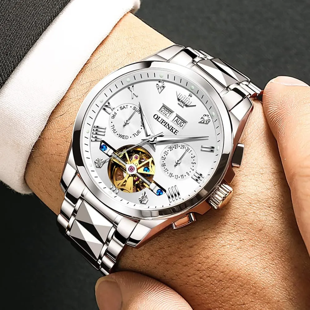 OUPINKE Mens Watches Automatic Skeleton Tourbillon Self Winding Luxury Sapphire Crystal Business Dress Wristwatch