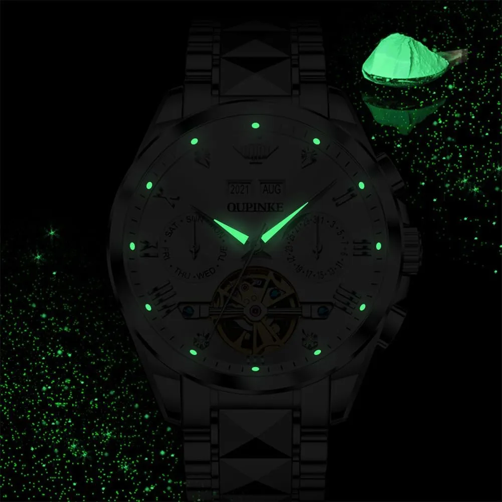 OUPINKE Mens Watches Automatic Skeleton Tourbillon Self Winding Luxury Sapphire Crystal Business Dress Wristwatch