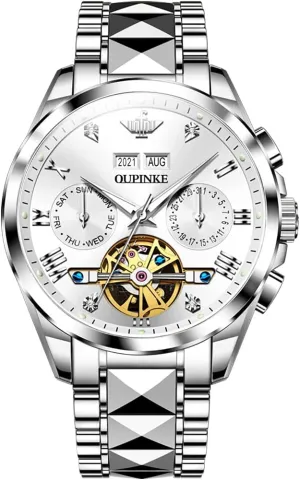 OUPINKE Mens Watches Automatic Skeleton Tourbillon Self Winding Luxury Sapphire Crystal Business Dress Wristwatch