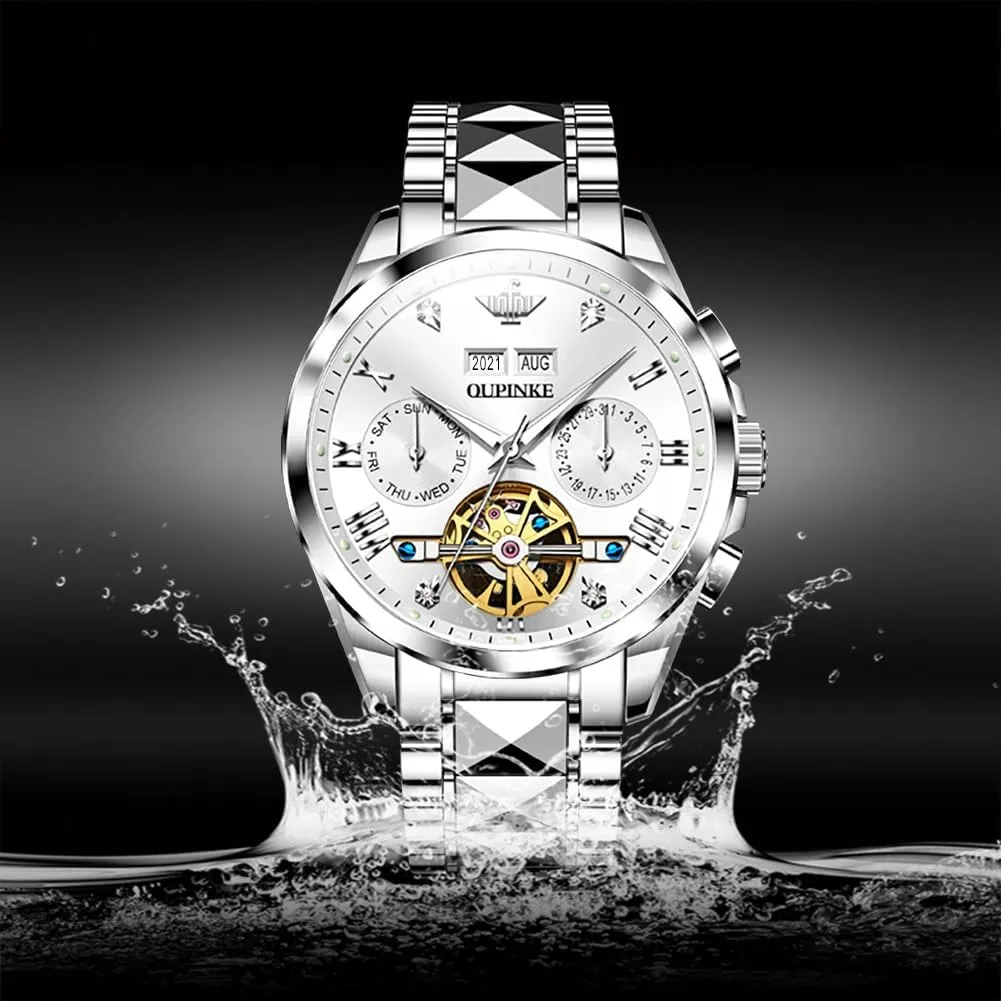 OUPINKE Mens Watches Automatic Skeleton Tourbillon Self Winding Luxury Sapphire Crystal Business Dress Wristwatch