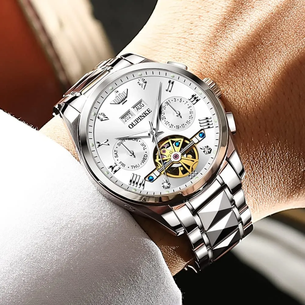 OUPINKE Mens Watches Automatic Skeleton Tourbillon Self Winding Luxury Sapphire Crystal Business Dress Wristwatch