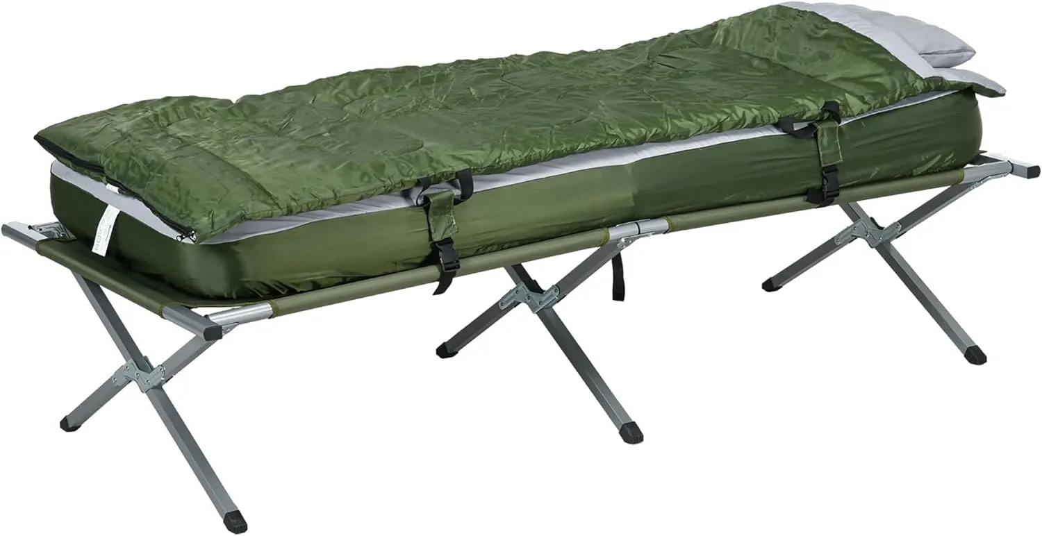 Outdoor Camping Cot, Outdoor Folding Bed Set with Mattress, Sleeping Bag, Pillow, and Carry Bag, Comfortable and Portable, for Travel Camp Beach