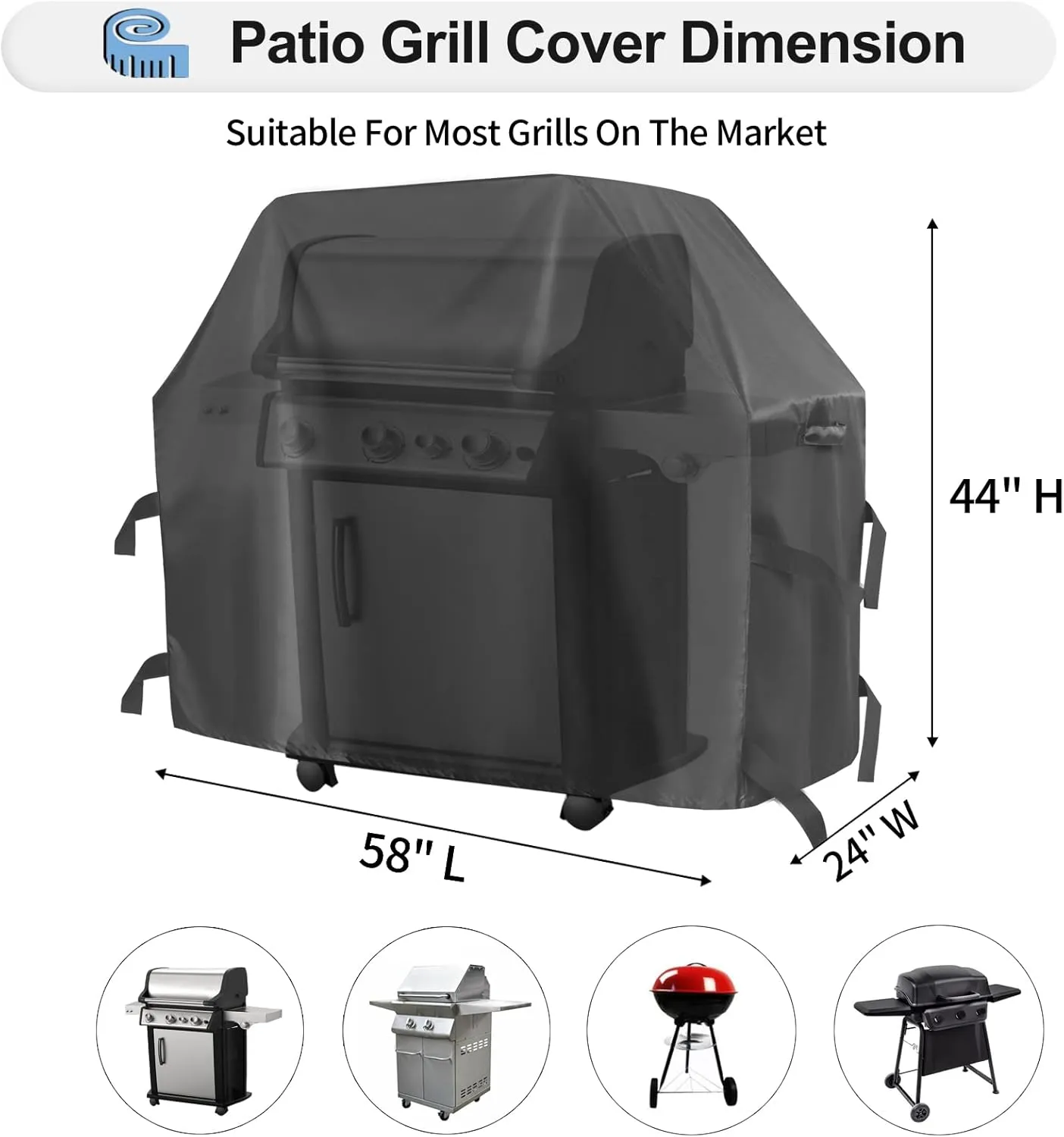 OutdoorLines Waterproof Heavy Duty BBQ Grill Cover - Universal Barbecue Grill Covers UV Resistant Barbeque Gas Grill Cover for Outdoor Universal Grills, 58L x 24W x 44H Inch, Black