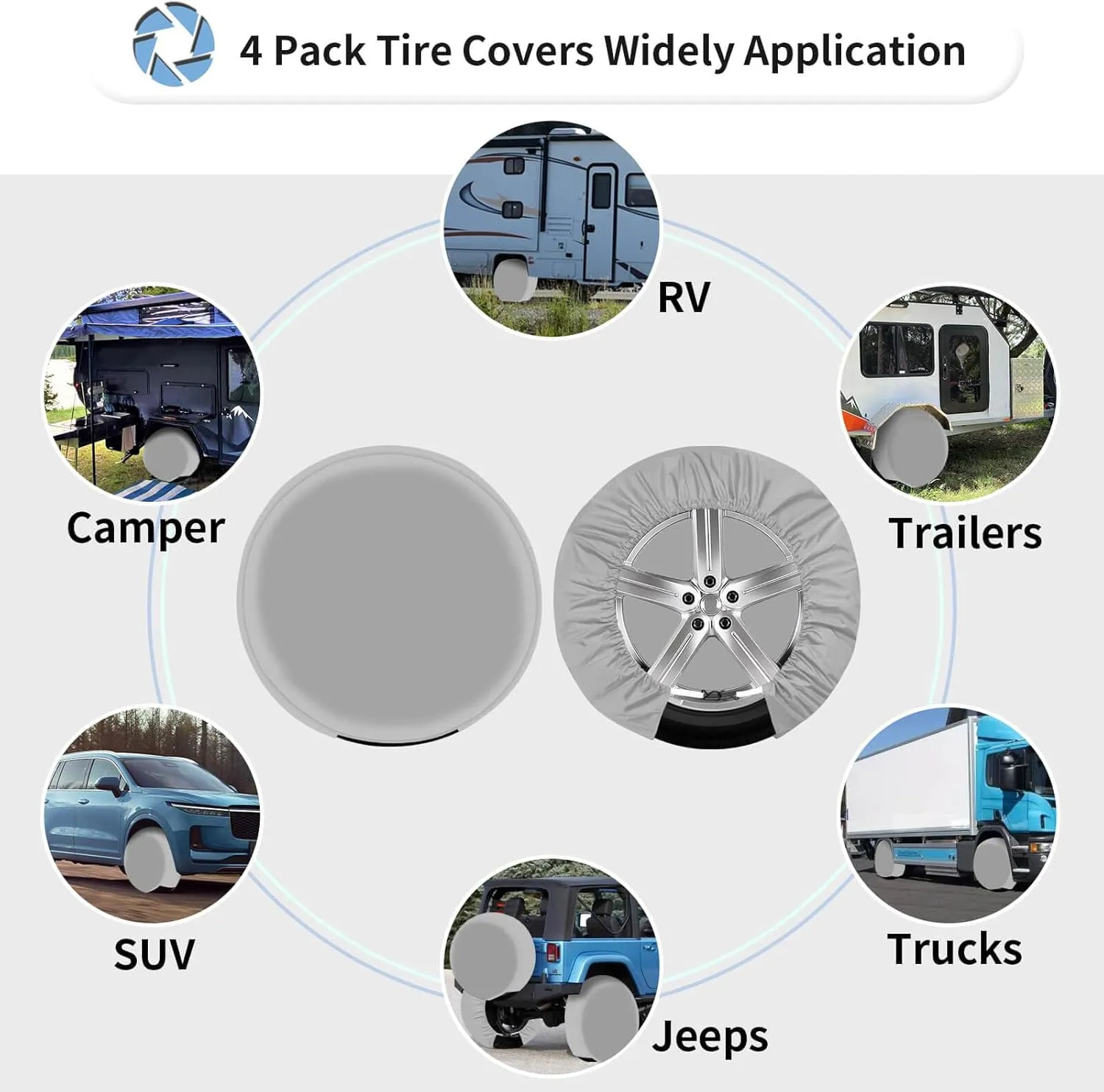 OutdoorLines Waterproof Spare Tire Covers Set of 4, UV-Proof Wheel Covers Windproof Tire Protector for RV, Jeep, Trailers, Camper, Van and Truck, Universal Fits Diameters 33"-35", Gray
