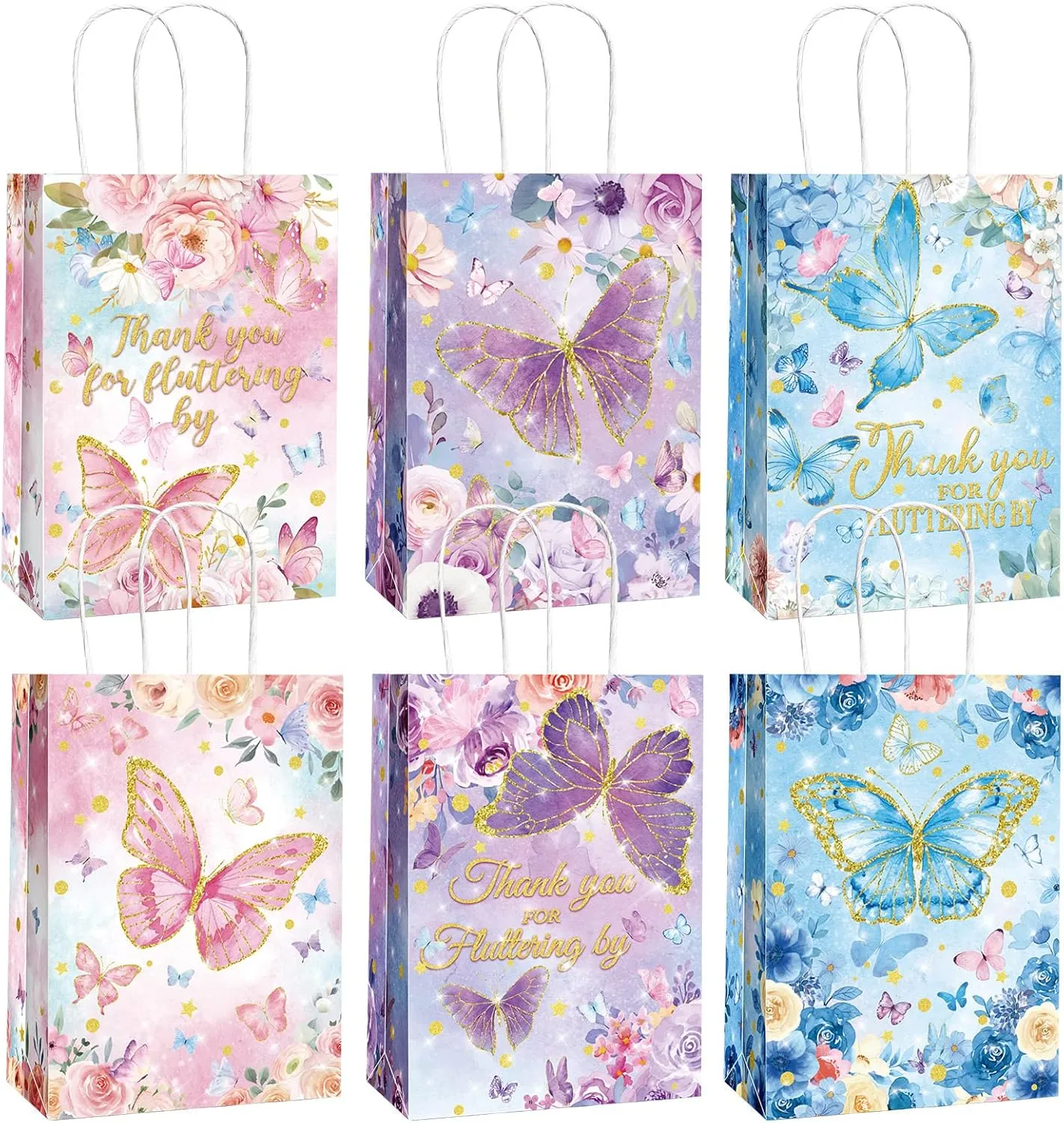 Outus 24 Pcs Butterfly Party Gift Bags Pink Purple Blue - Fluttering by Gift Bags with Handle for Butterflies Birthday Party Baby Shower Decoration