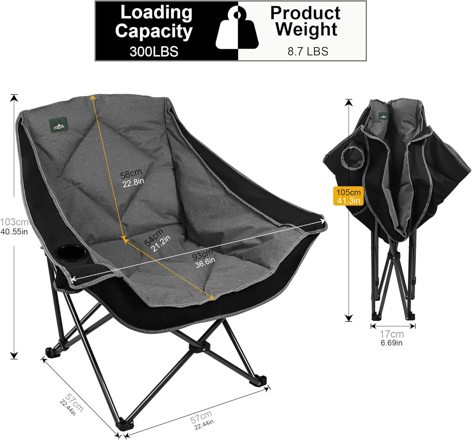 Oversized Foldable Camping Chair, Outdoor Padded Lawn Chair w/Cup Holder,Carry Bag for Beach, Hiking, and Picnics,Heavy-Duty 300-lbs Capacity, Purple