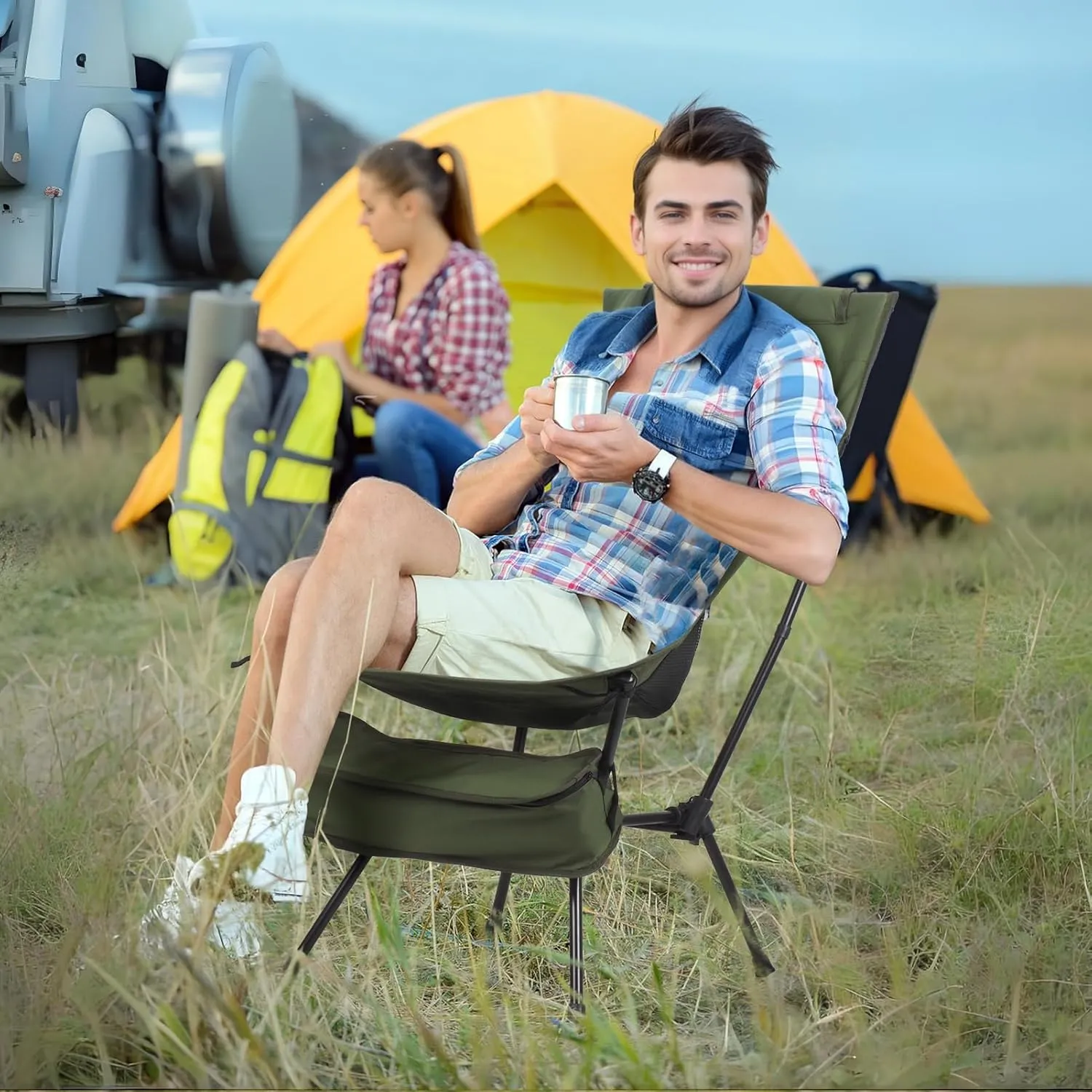 Oversized Folding Camping Chair, Adult Heavy Duty Camping Outside Folding Chair for Patio, Lawn and Outdoors, Black