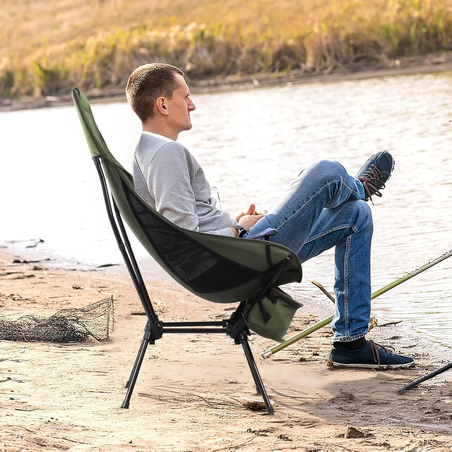 Oversized Folding Camping Chair, Camping Essentials, Adult Heavy Duty Camping Chair, Outside Folding Chair for Patio, Lawn and Outdoors, Supports 198lbs Black