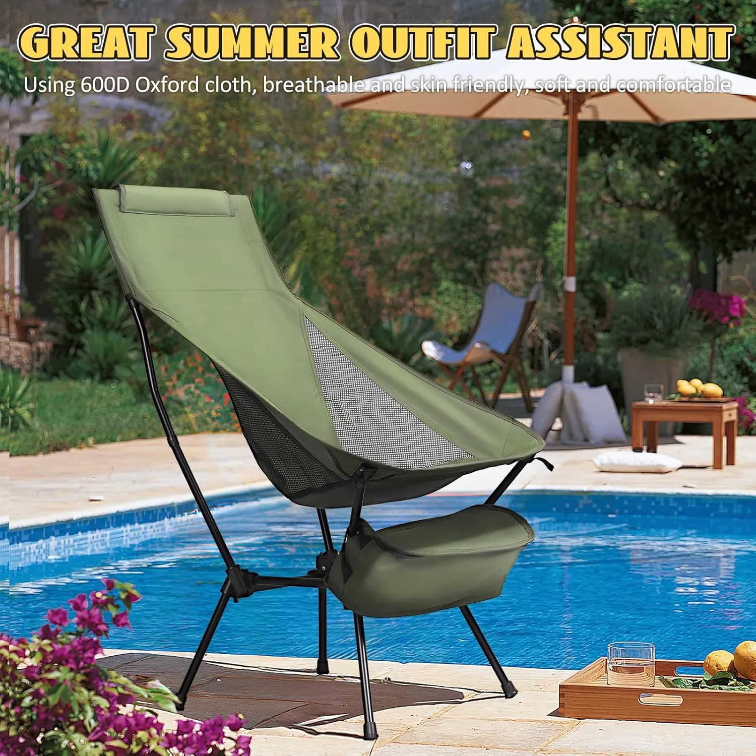 Oversized Folding Camping Chair, Camping Essentials, Adult Heavy Duty Camping Chair, Outside Folding Chair for Patio, Lawn and Outdoors, Supports 198lbs Black