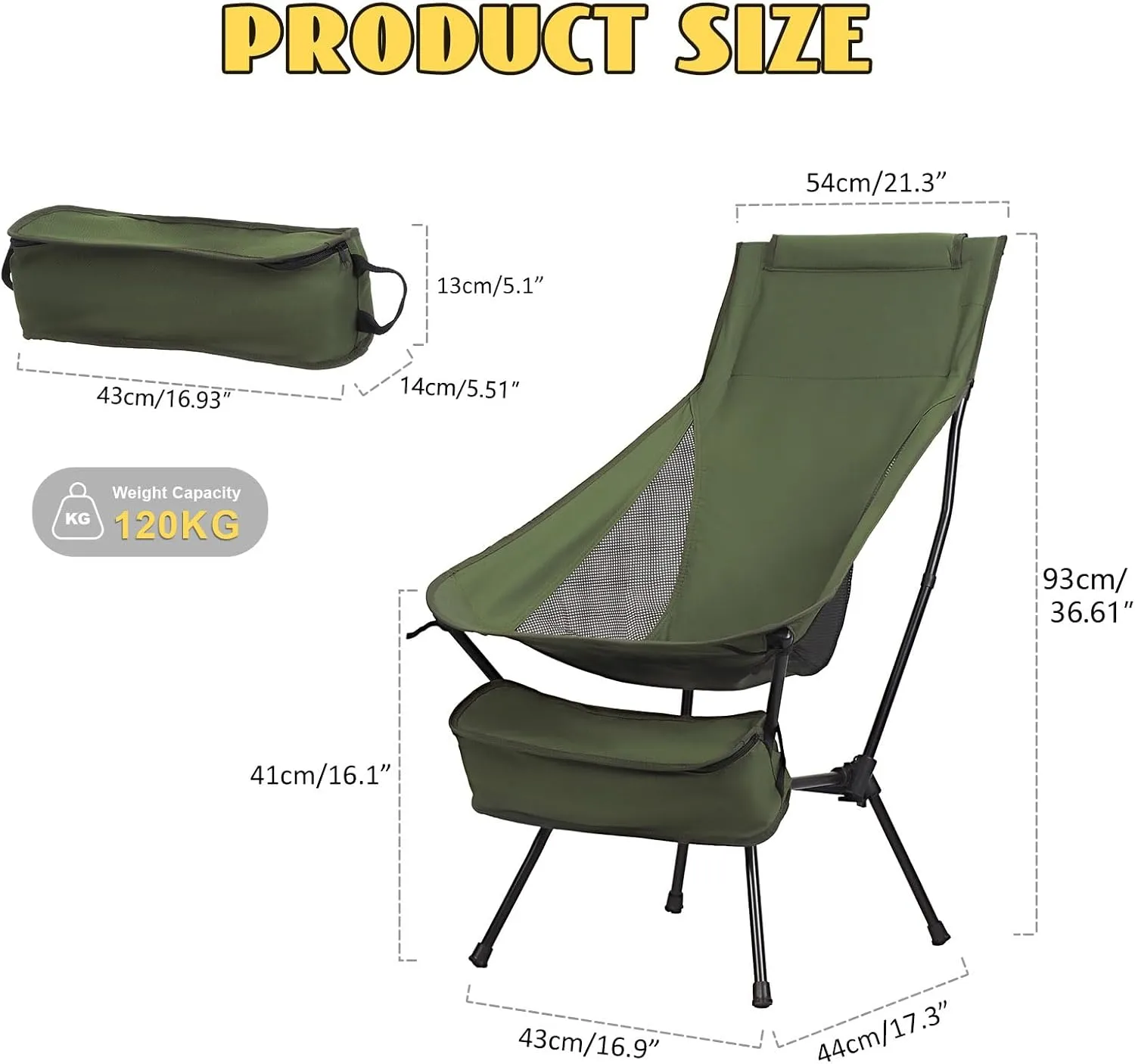 Oversized Folding Camping Chair, Camping Essentials, Adult Heavy Duty Camping Chair, Outside Folding Chair for Patio, Lawn and Outdoors, Supports 198lbs Black