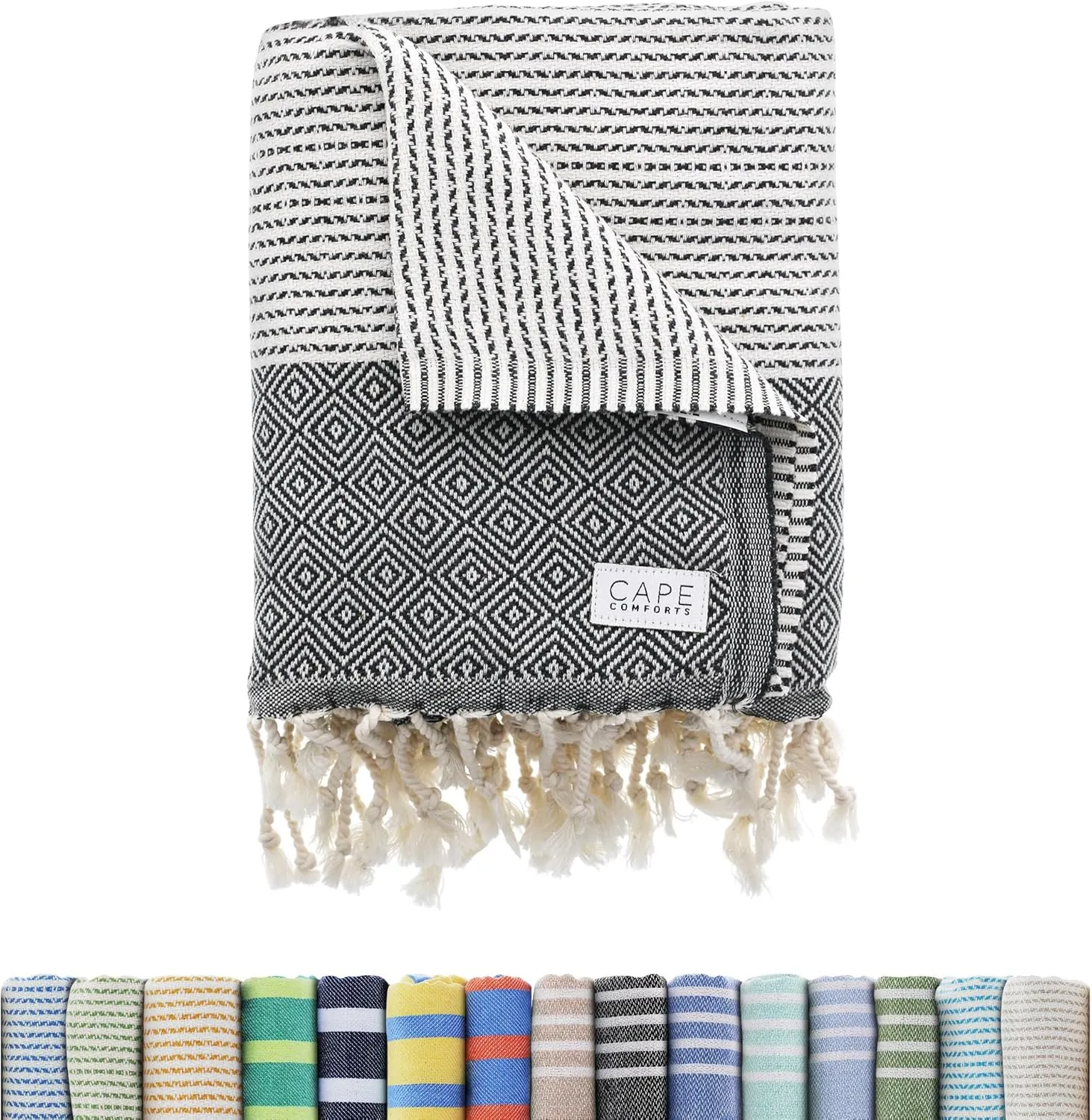 Oversized Turkish Beach Towel, Diamond Dobby Charcoal - 37'' x 67'' - Super Soft & Lightweight | Quick Dry Sand Free Travel Towels for Beach or Bath | Gifts