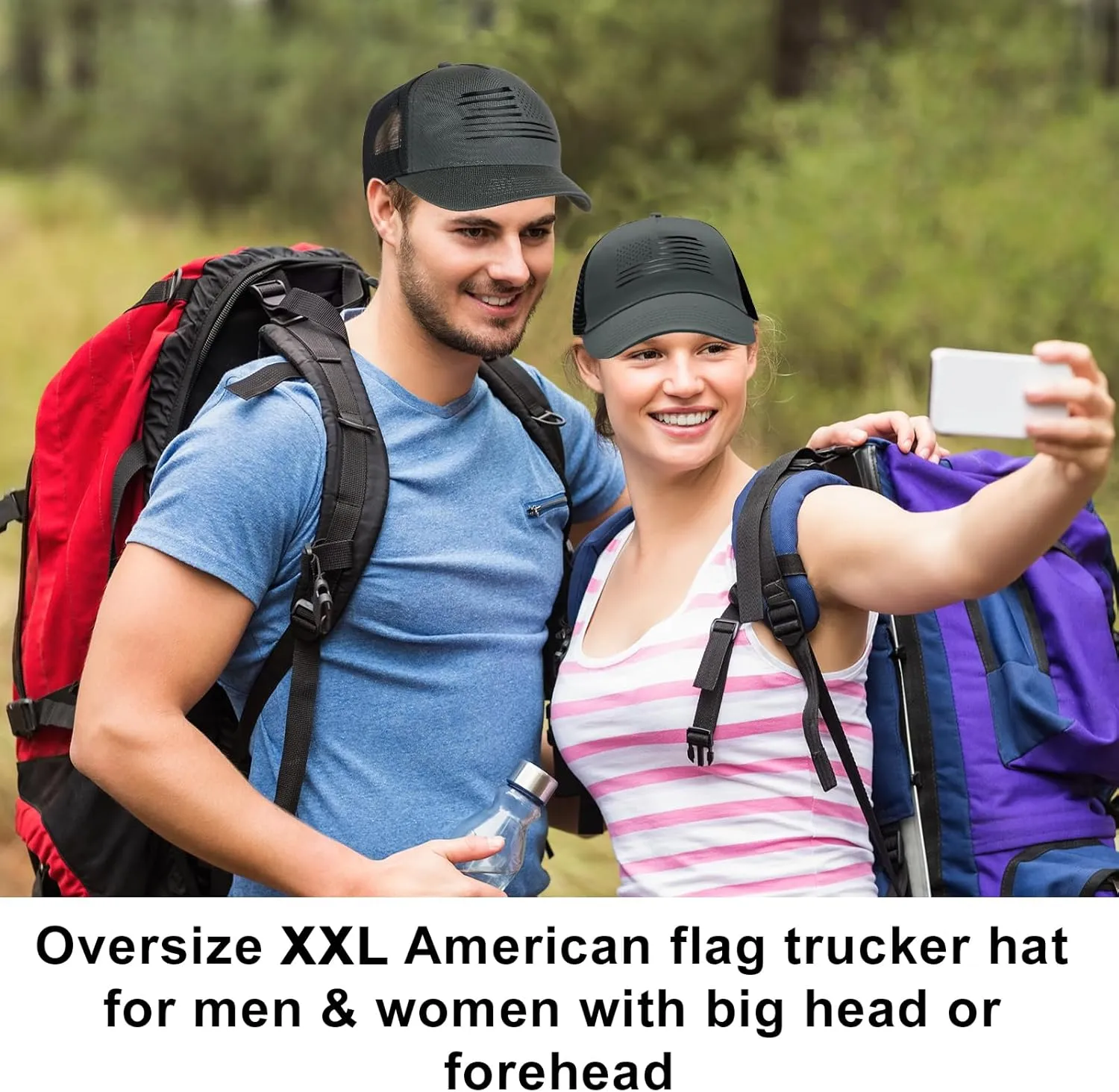 Oversized XXL American Flag Baseball Cap for Men & Women - Big Head Adjustable Snapback Hat - Patriotic Mesh Trucker Hat