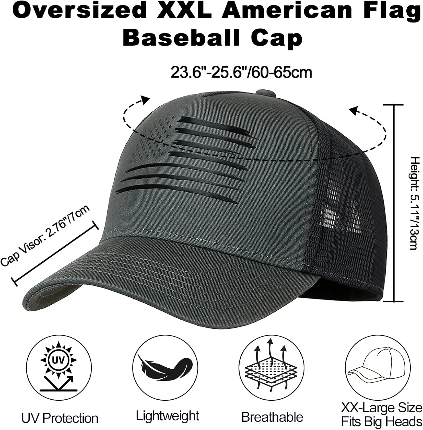 Oversized XXL American Flag Baseball Cap for Men & Women - Big Head Adjustable Snapback Hat - Patriotic Mesh Trucker Hat