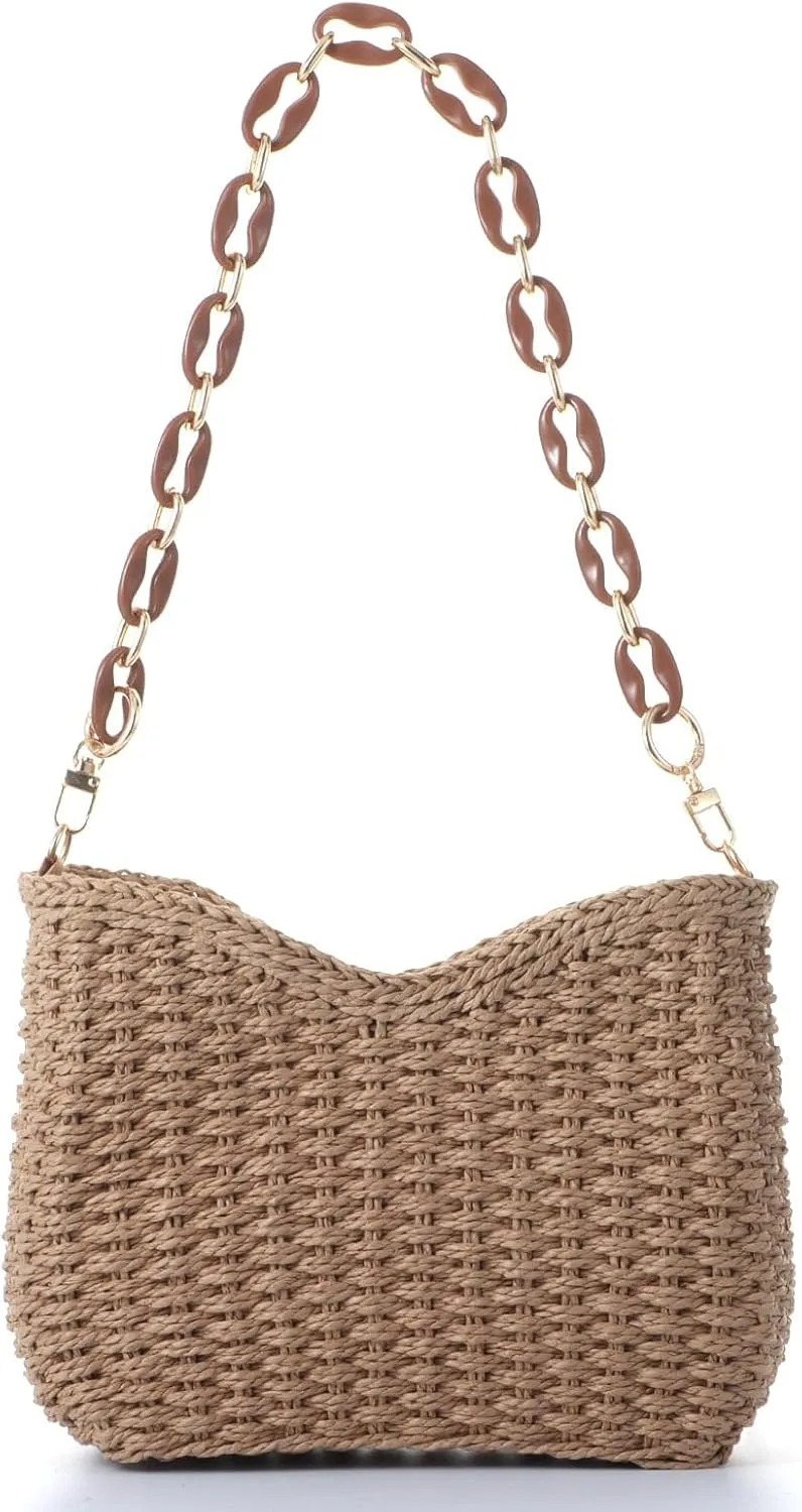 Ovida Straw Shoulder Bag for Women Summer Straw Woven Beach Bag Small Straw Clutch Handbag Phone Wallet Purse (Brown)