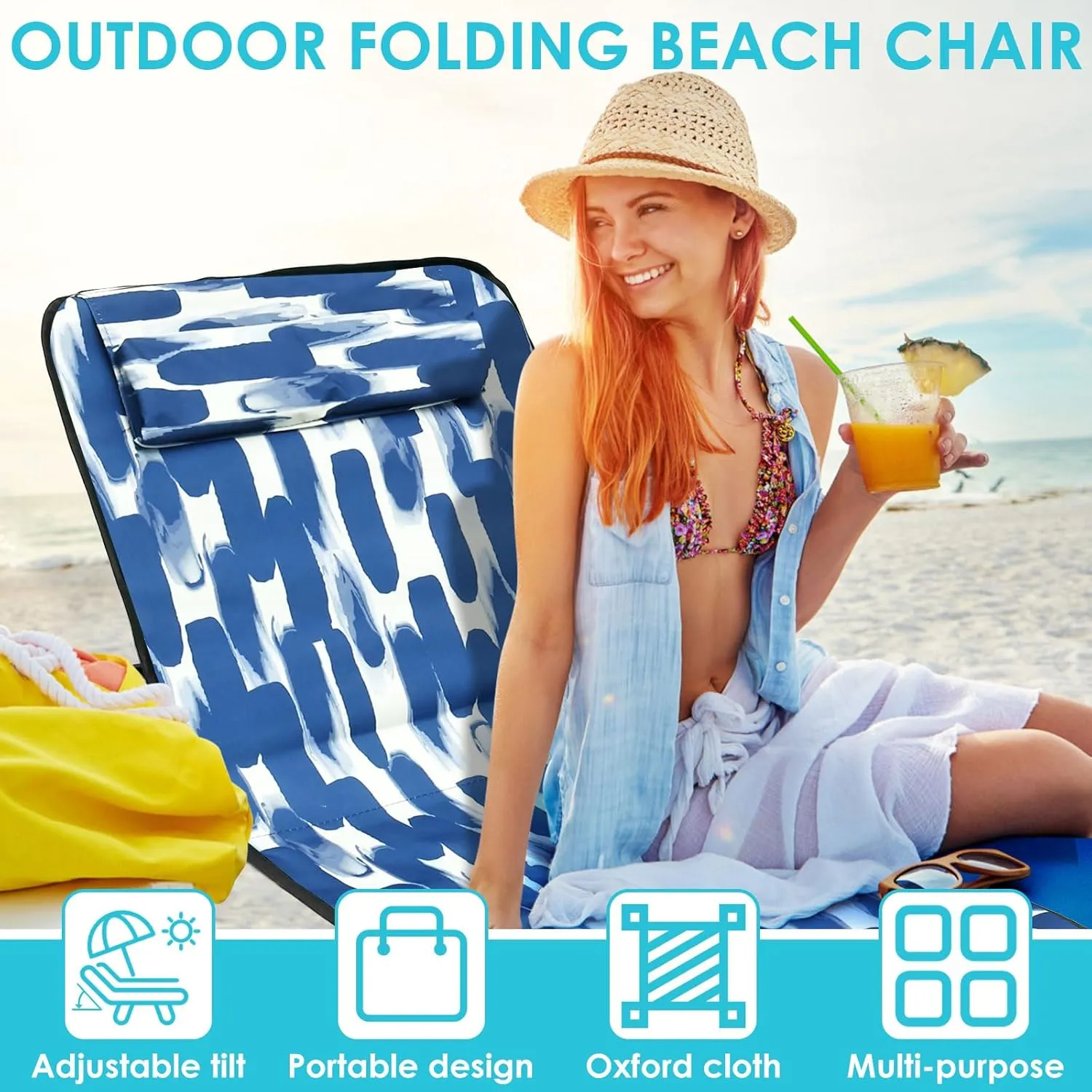 Oxford Cloth Beach Sun Chair Mat, Adjustable Tilt Angle Folding Tanning Mat, Waterproof Lounge Chair with Storage Pocket for Outdoor Camping Garden Park Holidays (Blove & White Graffito)