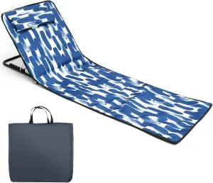 Oxford Cloth Beach Sun Chair Mat, Adjustable Tilt Angle Folding Tanning Mat, Waterproof Lounge Chair with Storage Pocket for Outdoor Camping Garden Park Holidays (Blove & White Graffito)