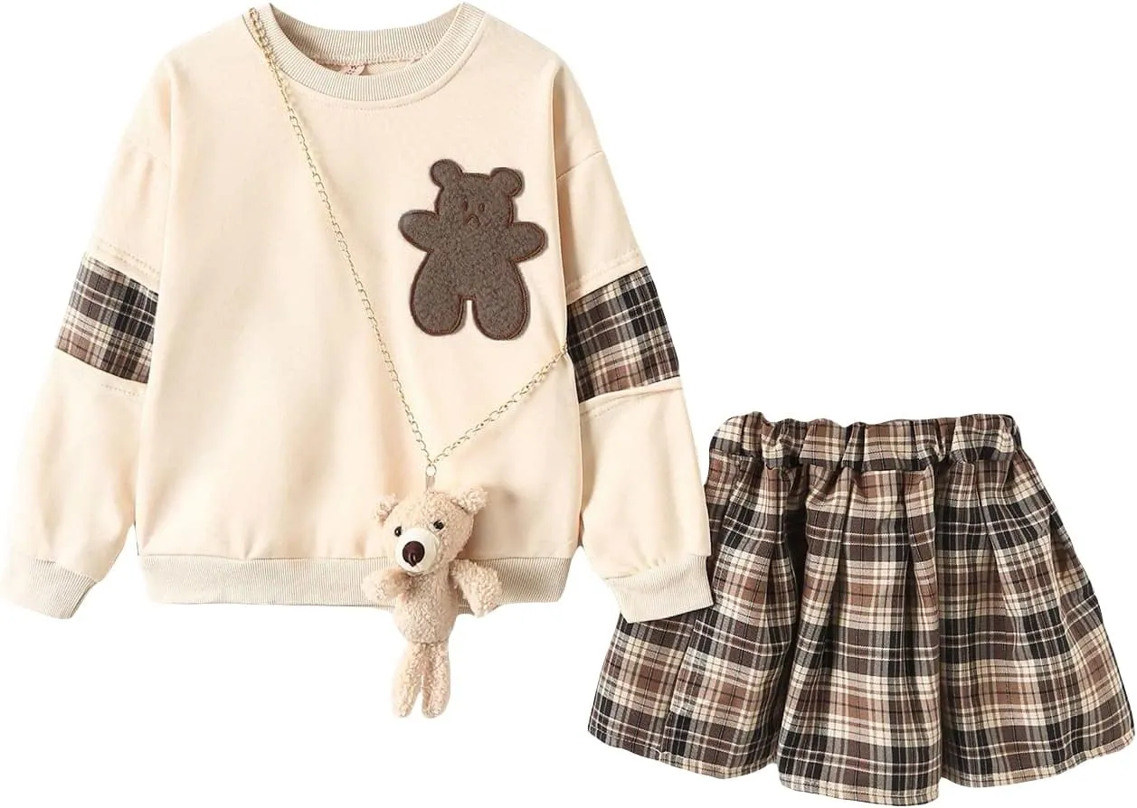 OYOANGLE Girl's 3 Piece Outfits Cartoon Print Long Sleeve Pullover Sweatshirt Top and Plaid Skirts and Bag Sets
