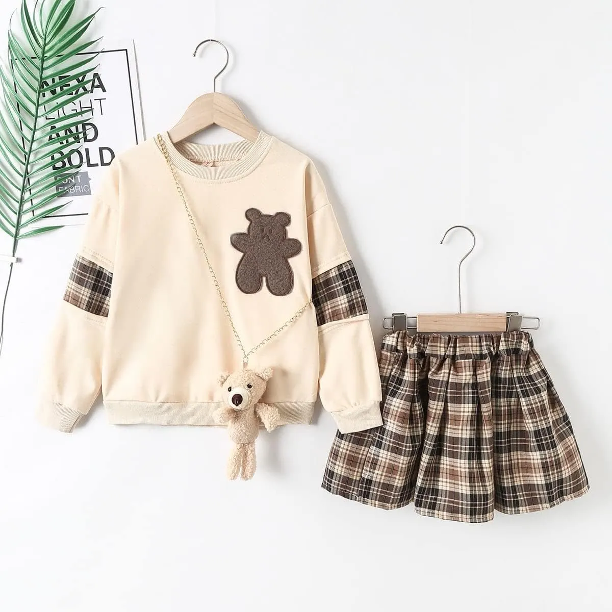 OYOANGLE Girl's 3 Piece Outfits Cartoon Print Long Sleeve Pullover Sweatshirt Top and Plaid Skirts and Bag Sets