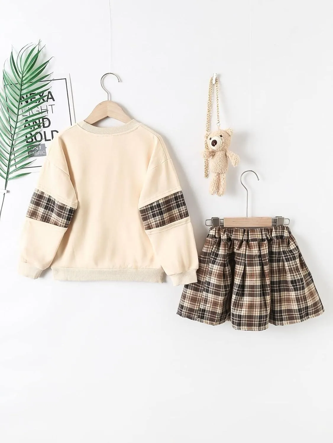 OYOANGLE Girl's 3 Piece Outfits Cartoon Print Long Sleeve Pullover Sweatshirt Top and Plaid Skirts and Bag Sets