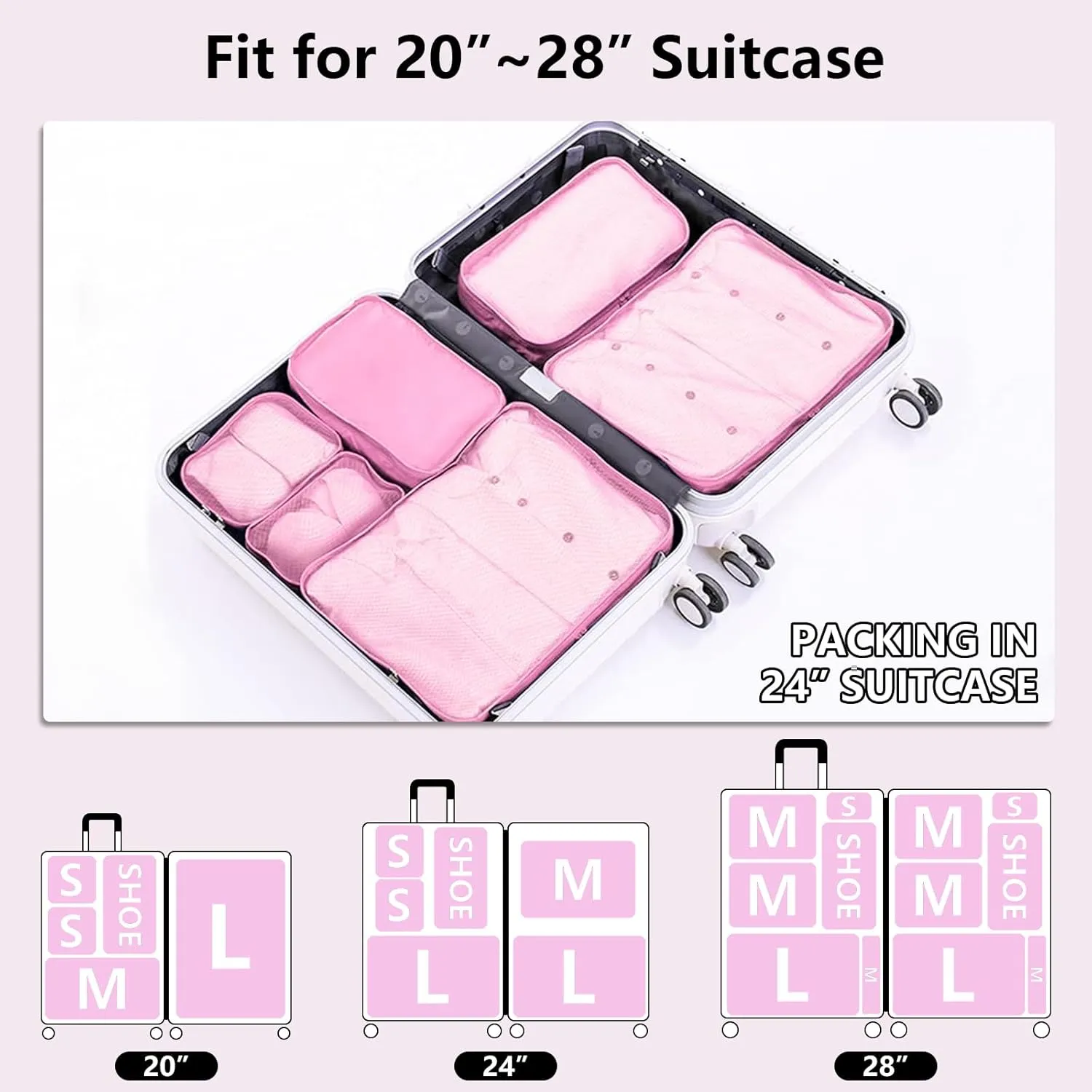 Packing cubes for Travel, CALACH Luggage Organizer Bags 6 Set Packing Cubes for Suitcases Travel Essentials for Carry on Mesh Suitcase Organizer with Shoe Bag (pink)