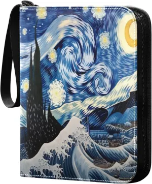 Painting Wave Night Card Binder with 50 Removable Page Sleeves PU Leather Collectible Trading Card Albums Book with Zipper for Games Card,Baseball Cards