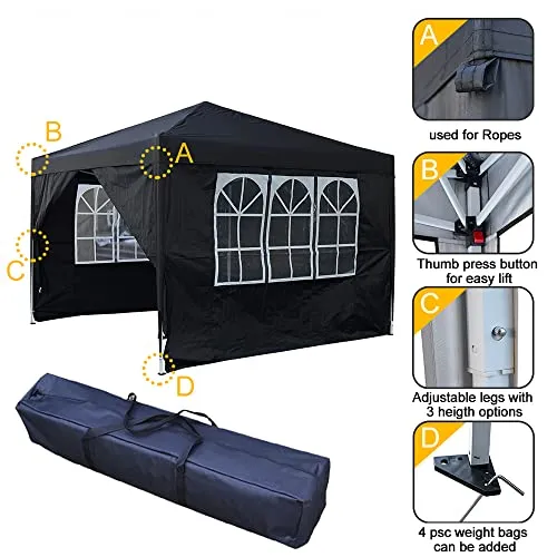 Panana Pop Up Gazebo 10''x10'' Waterproof Outdoor Garden Marquee Awning Party Tent Canopy and Carry Bag 3 X 3m (Black)