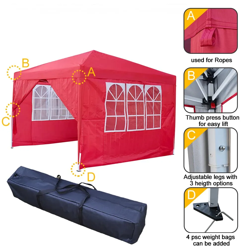 Panana Pop Up Gazebo 10''x10'' Waterproof Outdoor Garden Marquee Awning Party Tent Canopy and Carry Bag 3 X 3m(Red)